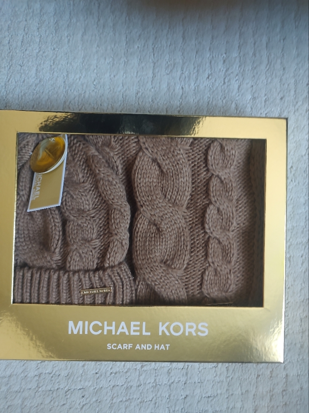 Michael Kors Cable Knit Scarf & Beanie Set - Camel Brown